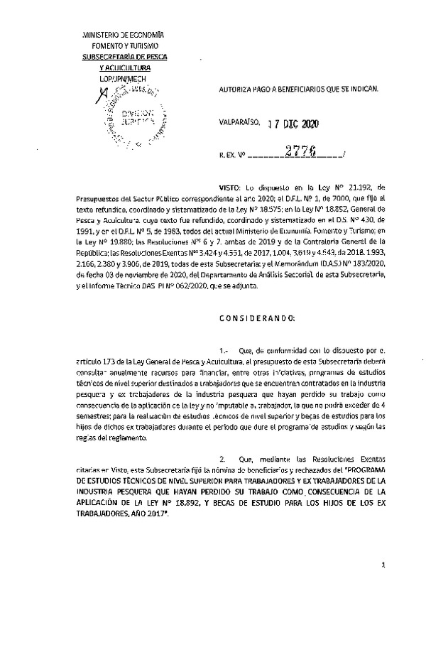 Res. Ex. N° 2776-2020 Autoriza pago a beneficiarios que se indican. (Publicado en Página Web 17-12-2020)