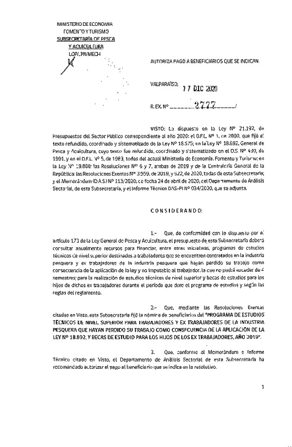 Res. Ex. N° 2777-2020 Autoriza pago a beneficiarios que se indican. (Publicado en Página Web 17-12-2020)