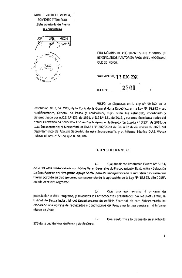 Res. Ex. N° 2760-2020 Fija Nómina de Postulantes Rechazados, de Beneficiarios y Autoriza Pago en el Programa que se Indica. (Publicado en Página Web 21-12-2020)