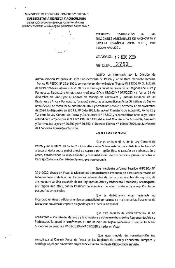 Res. Ex. N° 2763-2020 Establece Distribución de las Fracciones Artesanales de Anchoveta y Sardina Española Zona Norte, Por Región, Año 2021. (Publicado en Página Web 21-12-2020)