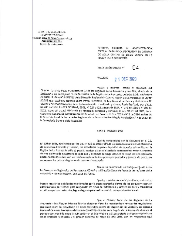 Res. Ex. N° 04-2020 (DZP La Araucanía y Los Ríos) Renueva Medidas de Administración Especial para Pesca Recreativa en Cuerpos de Agua, Dentro de Sitios Snaspe en la Región de La Araucanía. (Publicado en Página Web 21-12-2020)