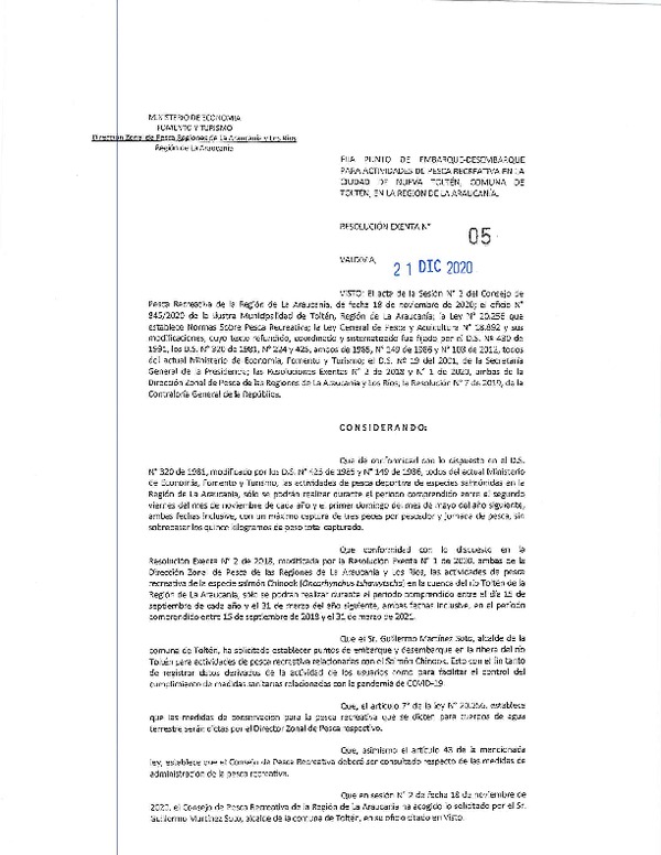 Res. Ex. N° 05-2020 (DZP La Araucanía y Los Ríos) Fija Punto de Embarque-Desembarque para Actividades de Pesca Recreativa en la Ciudad de Nueva Toltén, Comuna de Toltén, Región de La Araucanía. (Publicado en Página Web 21-12-2020)