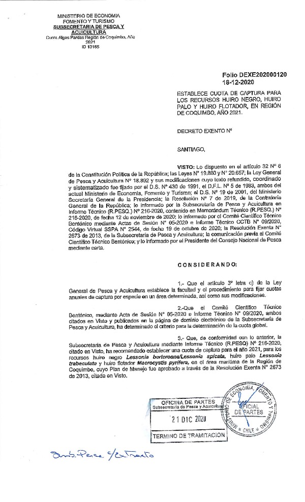 Dec. Ex. Folio 202000120 Establece Cuotas Anuales de Captura para los Recursos Huiro Negro, Huiro Palo y Huiro Flotador en la Región de Coquimbo, año 2021 (Publicado en Página Web 21-12-2020)