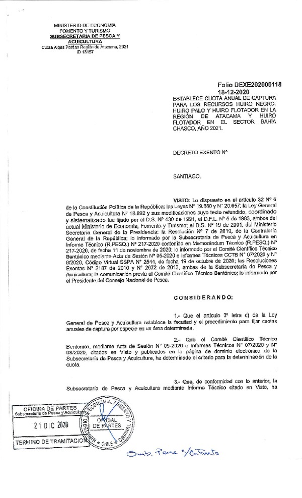 Dec. Ex. Folio 202000118 Establece cuota anual de captura para los recursos Huiro negro, Huiro palo y Huiro Flotador en la región de Atacama y Huiro Flotador en el sector Bahía Chasco, año 2021. (Publicado en Página Web 21-12-2020)