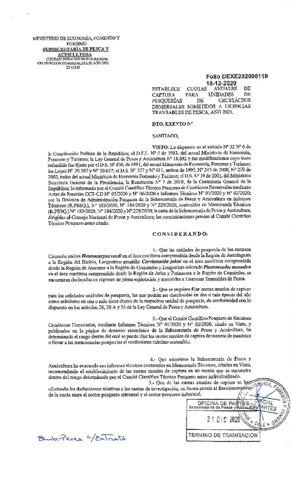 Dec. Ex. Folio 202000119 Establece Cuotas Anuales de Captura Para Unidades de Pesquerías de Crustáceos Demersales Sometidos a Licencias Transables de Pesca, Año 2021. (Publicado en Página Web 21-12-2020)