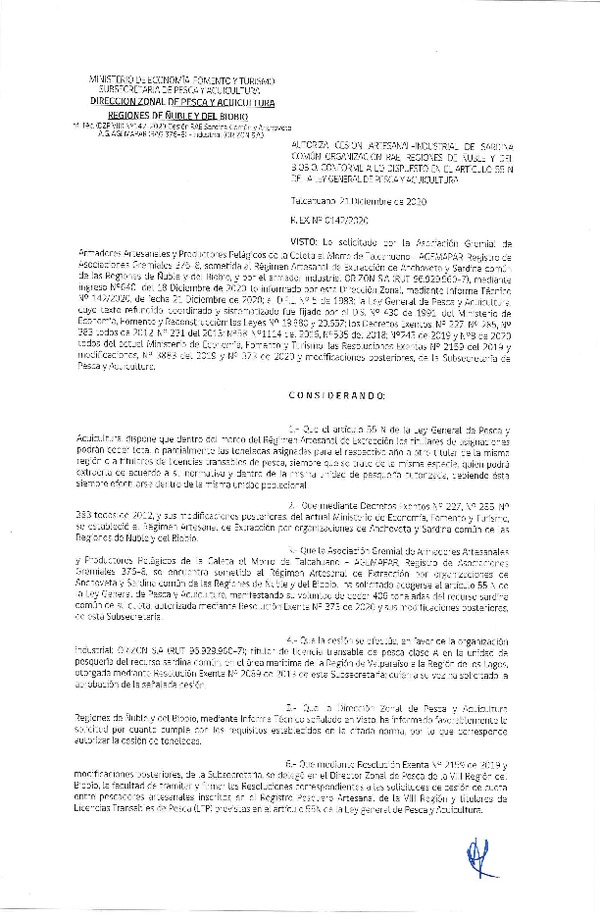 Res. Ex. N° 142-2020 (DZP Ñuble y del Biobío) Autoriza cesión Sardina Común Región de Ñuble-Biobío (Publicado en Página Web 22-12-2020)