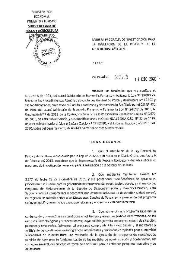 Res. Ex. N° 2783-2020 Aprueba Programa de Investigación para la Regulación de la Pesca y de la Acuicultura, Año 2021. (Publicado en Página Web 22-12-2020)