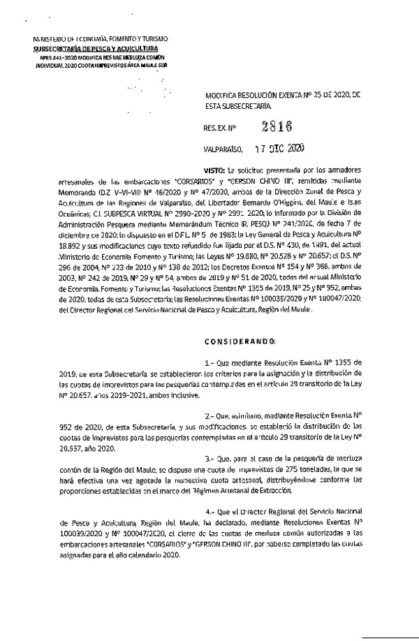 Res. Ex. N° 2816-2020 Modifica Res. Ex. N° 25-2020 Distribución de la Fracción Artesanal de Pesquería de Merluza común Individual Área Maule Sur. (Publicado en Página Web 22-12-2020)