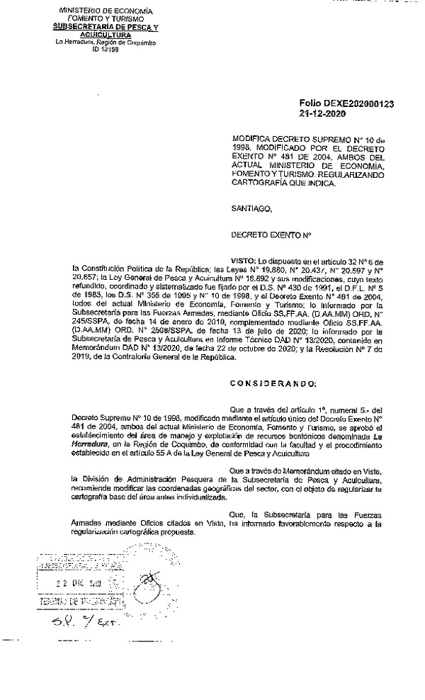 Dec. Ex. Folio 202000123  Modifica D.S. N° 10-1998 Área de Manejo La Herradura, Región de Coquimbo. (Publicado en Página Web 22-12-2020)