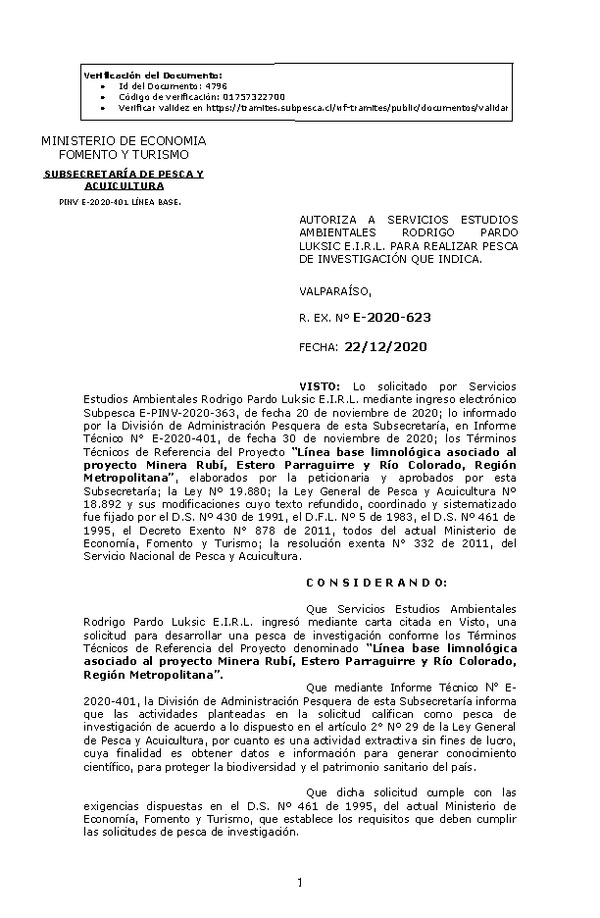 R. EX. Nº E-2020-623 Línea base limnológica asociado al proyecto Minera Rubí, Estero Parraguirre y Río Colorado, Región Metropolitana. (Publicado en Página Web 23-12-2020)