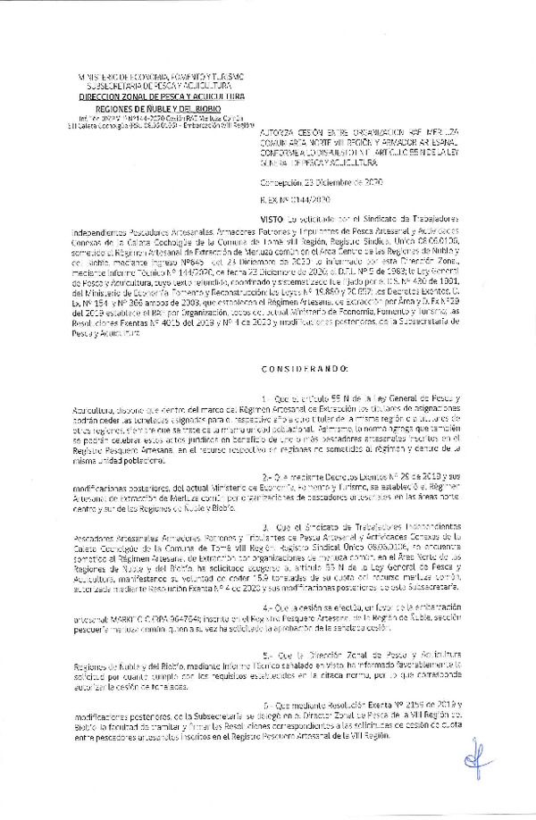 Res. Ex. N° 144-2020 (DZP Ñuble y del Biobío) Autoriza cesión Merluza Común. (Publicado en Página Web 23-12-2020)