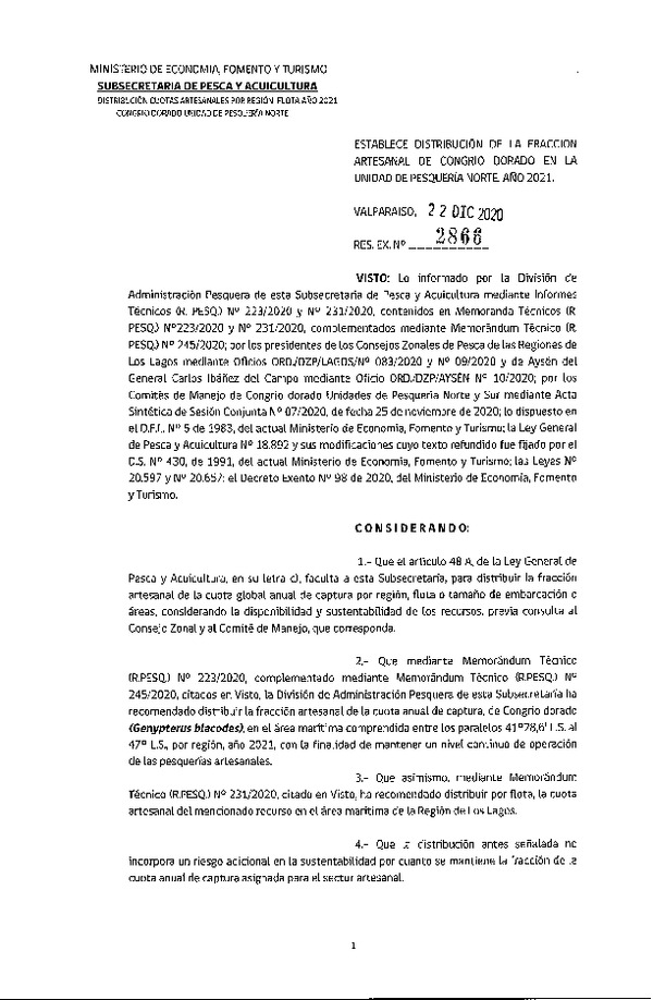 Res. Ex. N° 2866-2020 Establece Distribución de la Fracción Artesanal de Congrio Dorado, Unidad de Pesquería Norte, Año 2021. (Publicado en Página Web 24-12-2020)