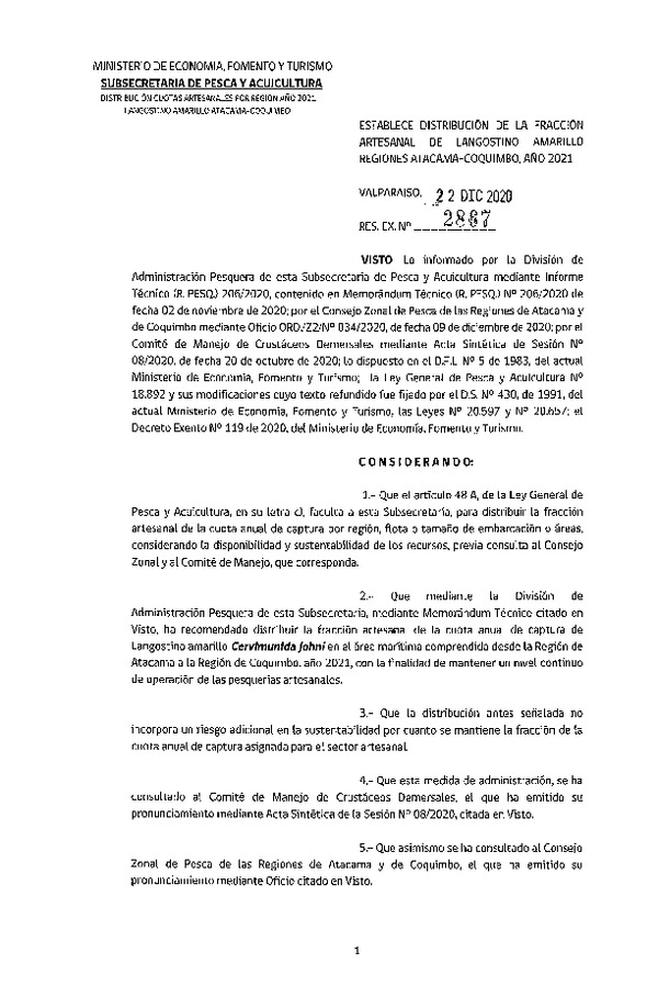 Res. Ex. N° 2867-2020 Establece Distribución de la Fracción Artesanal de Langostino Amarillo, Regiones de Atacama y Coquimbo, Año 2021. (Publicado en Página Web 24-12-2020)