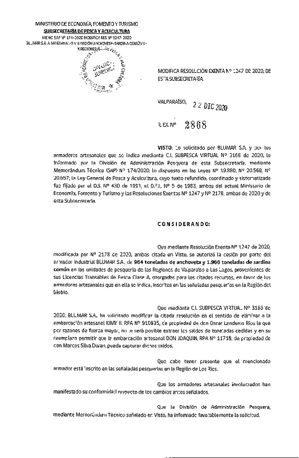 Res. Ex. N° 2868-2020 Modifica Res. Ex. N° 1247-2020 Autoriza Cesión anchoveta y sardina común Regiones Valparaíso-Los Lagos (Publicado en Página Web 24-12-2020).