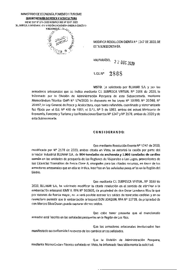 Res. Ex. N° 2868-2020 Modifica Res. Ex. N° 1247-2020 Autoriza Cesión anchoveta y sardina común Regiones Valparaíso-Los Lagos (Publicado en Página Web 24-12-2020).