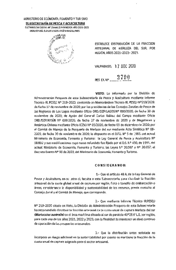 Res. Ex. N° 2790-2020 Establece Distribución de la Fracción Artesanal de Merluza del sur, Por Región, Año 2021, 2022 y 2023, Regiones de Los Lagos, Aysén y Magallanes. (Publicado en Página Web 24-12-2020) (F.D.O. 24-12-2020)