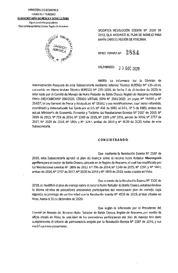 Res. Ex. N° 2884-2020 Modifica Res. Ex. N° 3320-2018 Que Modificó Res. Ex. N° 2187-2010 que Aprobó el plan de manejo para bahía Chasco, Región de Atacama. (Publicado en Página Web 29-12-2020)