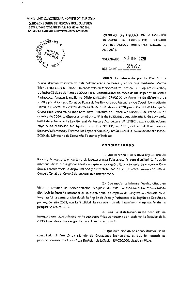 Res. Ex. N° 2887-2020 Establece Distribución de la Fracción Artesanal de Langostino Colorado Regiones de Arica y Parinacota-Coquimbo, Año 2021. (Publicado en Página Web 29-12-2020)