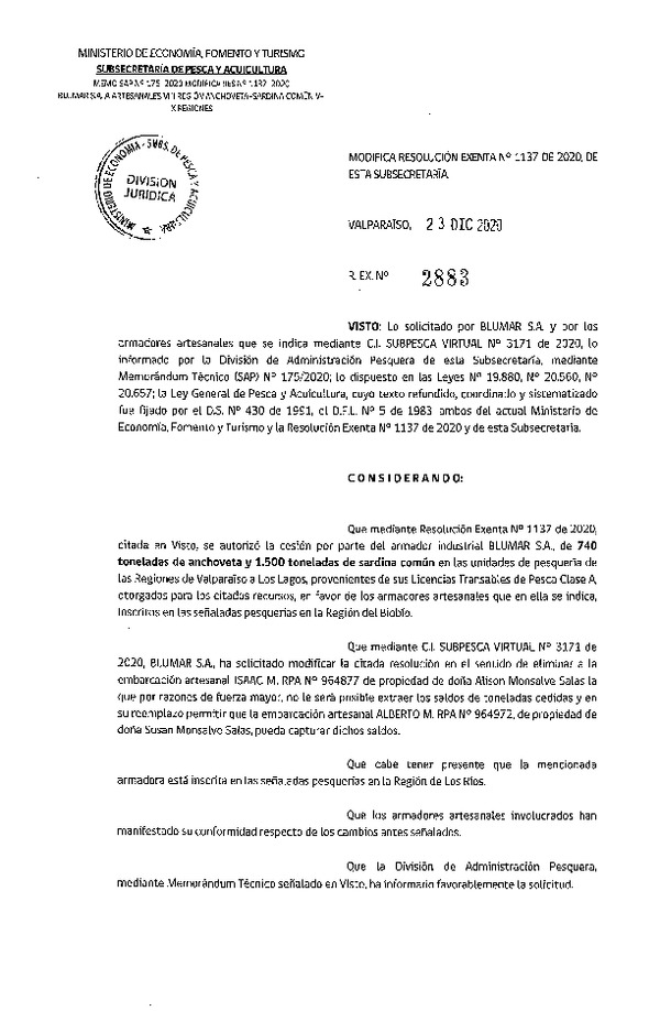 Res. Ex. N° 2883-2020 Modifica Res. Ex N° 1137-2020, Autoriza Cesión anchoveta y sardina común Regiones Valparaíso-Los Lagos (Publicado en Página Web 29-12-2020).