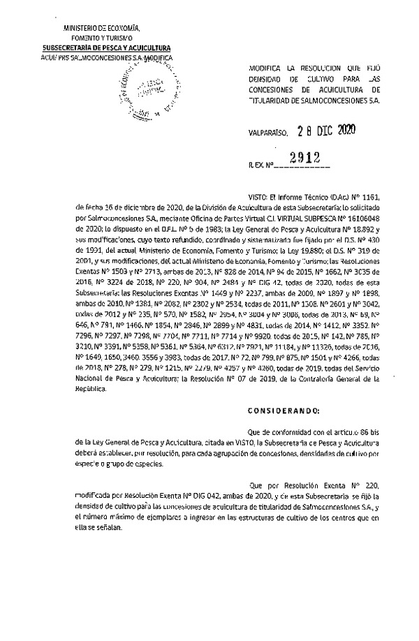 Res. Ex. N° 2912-2020 Modifica 	Res. Ex N° 220-2020, Fija densidad de cultivo para las concesiones de acuicultura de titularidad de Salmoconcesiones S.A., Aprueba programa de manejo que indica. (Con Informe Técnico) (Publicado en Página Web 29-12-2020).