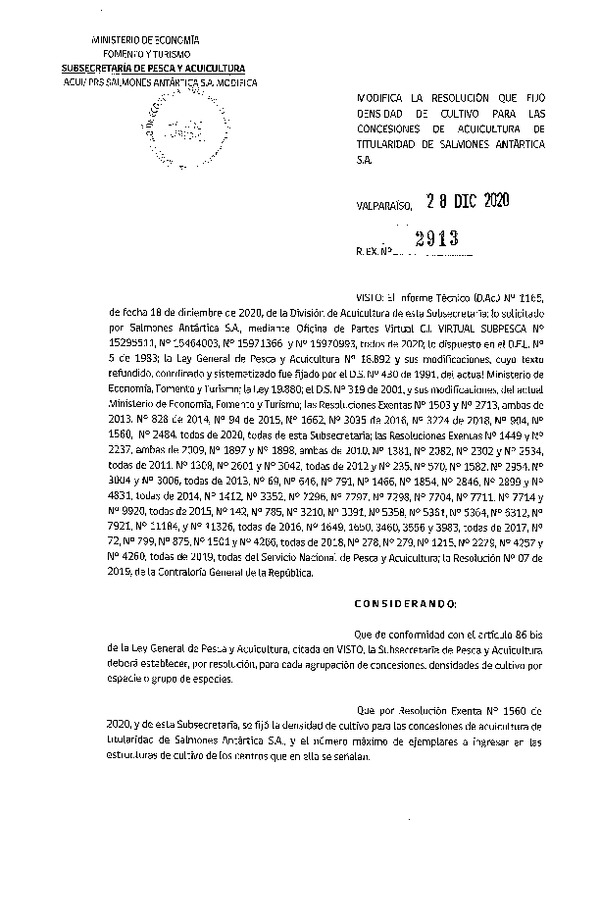 Res. Ex. N° 2913-2020 Modifica Res Ex N° 1560-2020, Fija densidad de cultivo para las concesiones de acuicultura de titularidad de Salmones Antártica S.A. (Con Informe Técnico) (Publicado en Página Web 29-12-2020).