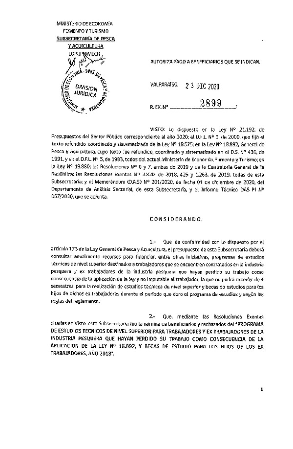 Res. Ex. N° 2899-2020 Autoriza pago a beneficiarios que se indican. (Publicado en Página Web 29-12-2020)