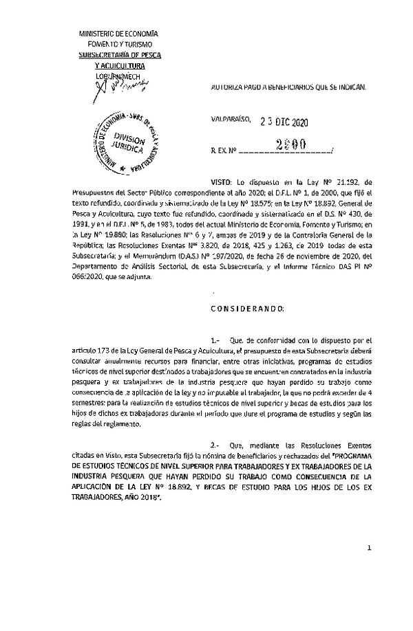 Res. Ex. N° 2900-2020 Autoriza pago a beneficiarios que se indican. (Publicado en Página Web 29-12-2020)