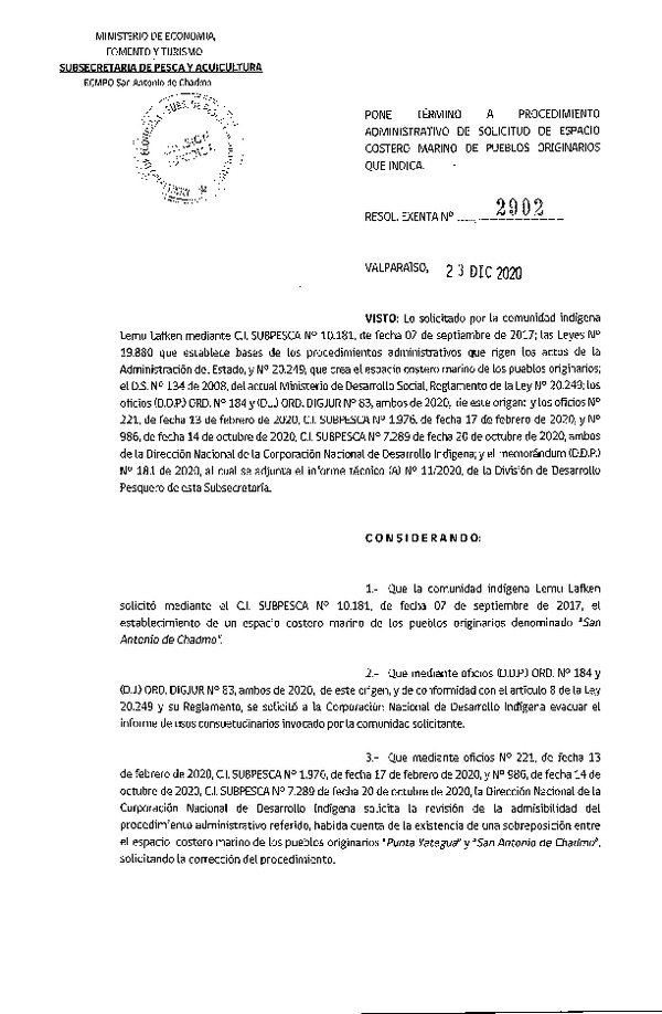 Res. Ex. N° 2902-2020 Pone término al procedimiento administrativo de solicitud de ECMPO que se indica. (Publicado en Página Web 29-12-2020)