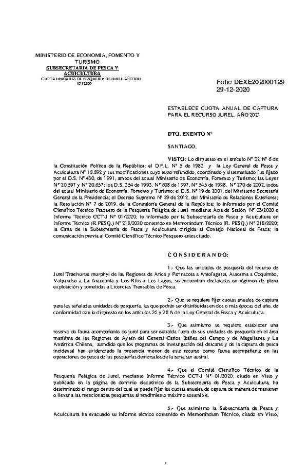 Dec. Ex. Folio 202000129 Establece Cuota Anual de Captura Para el Recurso Jurel, Año 2021. (Publicado en Página Web 29-12-2020)