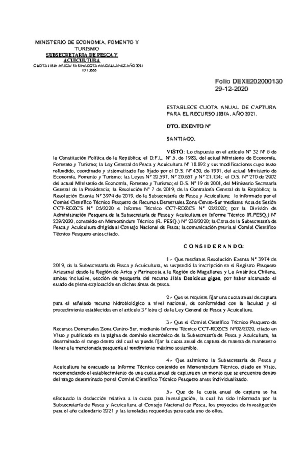 Dec. Ex. Folio 202000130 Establece Cuota Anual de Captura Para el Recurso Jibia, Año 2021. (Publicado en Página Web 29-12-2020)