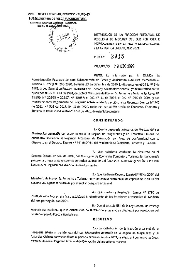 Res. Ex. N° 2915-2020 Distribución de la Fracción Artesanal de Pesquería de Merluza del sur, Por Área e Individualmente en la Región de Magallanes y La Antártica Chilena, Año 2021. (Publicado en Página Web 29-12-2020)