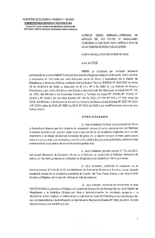 Res Ex. N° 016-2020 (DZP de Magallanes) Autoriza Cesión Merluza del sur. (Publicado en Página Web 30-12-2020)