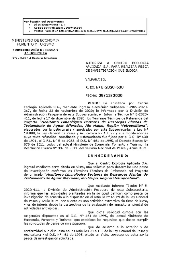 R. EX. Nº E-2020-630 Monitoreo Limnológico Sectores de Descargas Plantas de Tratamiento de Aguas Afloradas, Río Maipo, Región Metropolitana. (Publicado en Página Web 30-12-2020)