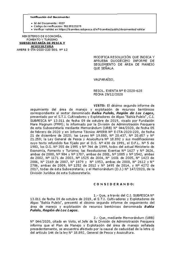 RESOL. EXENTA Nº E-2020-628 Modifica resolución que indica. Aprueba 12° Seguimiento. (Publicado en Página Web 30-12-2020)