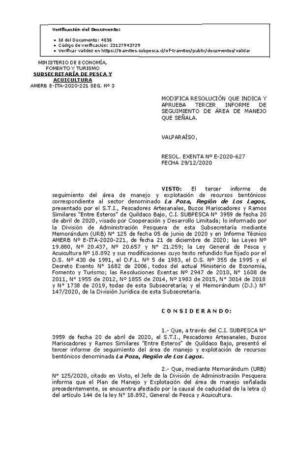 RESOL. EXENTA Nº E-2020-627 Modifica resolución que indica. Aprueba 3° Seguimiento. (Publicado en Página Web 30-12-2020)