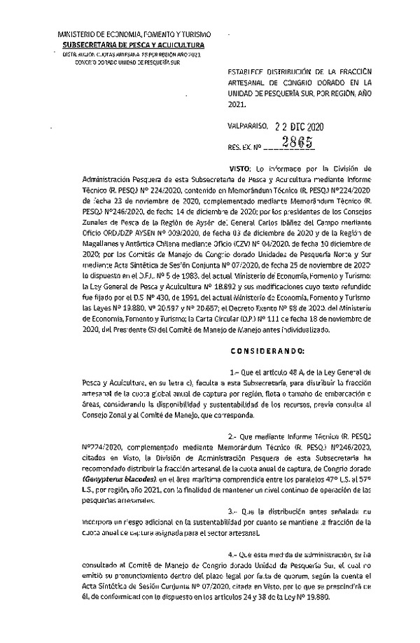 Res. Ex. N° 2865-2020 Establece Distribución de la Fracción Artesanal de Congrio Dorado, Unidad de Pesquería Sur, Por Región, Año 2021. (Publicado en Página Web 30-12-2020)