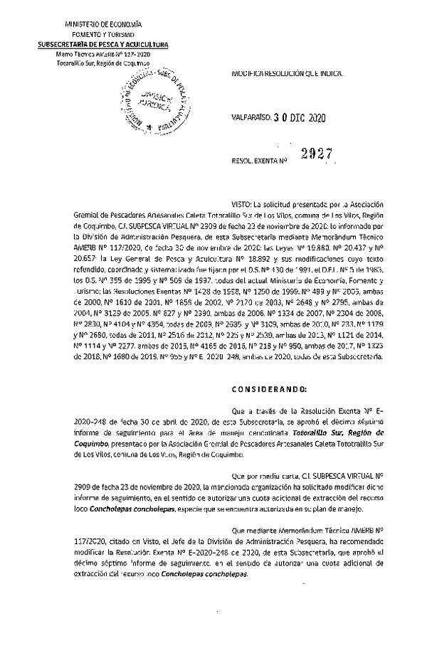 Res. Ex. N° 2927-2020 Modifica RESOL. EXENTA Nº E-2020-248 17° Seguimiento. (Publicado en Página Web 30-12-2020)