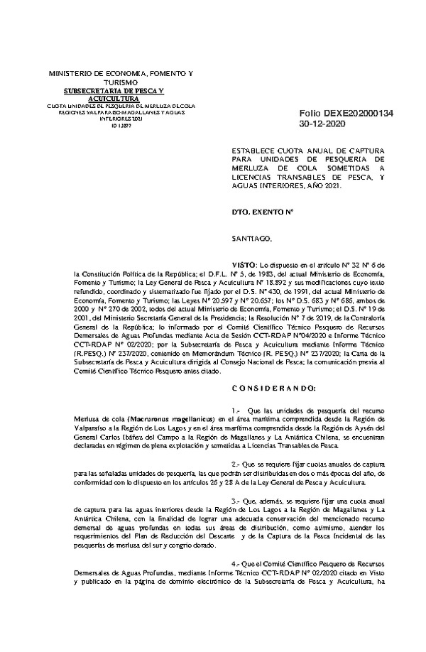 Dec. Ex. Folio 202000134 Establece Cuota Anual de Captura para unidades de Pesquerías de Merluza de Cola, Sometidas a Licencias Transables de Pesca y Aguas Interiores, Año 2021. (Publicado en Página Web 30-12-2020)