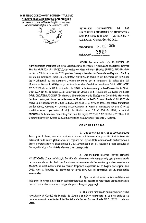 Res. Ex. N° 2928-2020 Establece Distribución de las Fracciones Artesanales de Anchoveta y Sardina Común, Regiones de Valparaíso a Los Lagos, por Región, Año 2021 (Publicado en Página Web 30-12-2020)