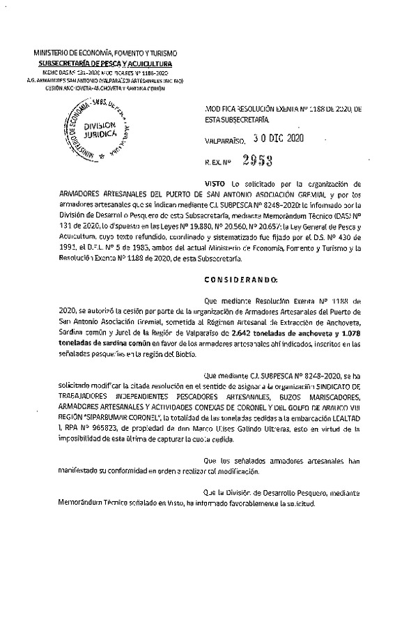 Res. Ex. N° 2953-2020 Modifica Res. Ex. N° 1188-2019 Autoriza cesión pesquería Anchoveta y Sardina común, Regiones de Valparaíso a Los Lagos. (Publicado en Página Web 30-12-2020)