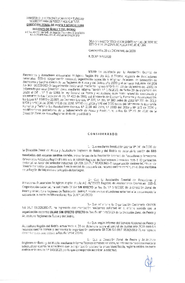 Res. Ex. N° 145-2020 (DZP Ñuble y del Biobío) Deja sin efecto Res. Ex. N° 141-2020 (DZP Ñuble y del Biobío) Autoriza cesión Sardina Común y Anchoveta Región de Ñuble-Biobío (Publicado en Página Web 30-12-2020)