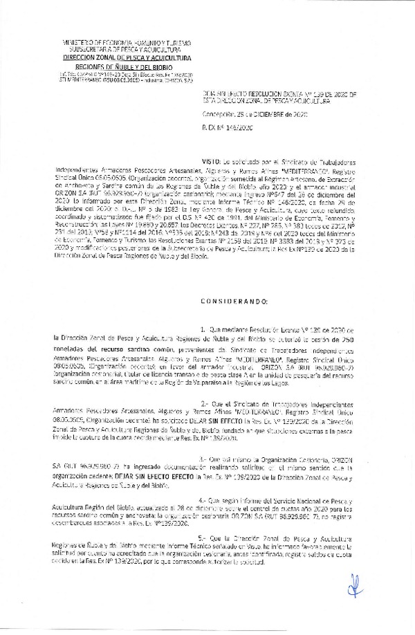 Res. Ex. N° 146-2020 (DZP Ñuble y del Biobío) Deja sin efecto Res. Ex. N° 139-2020 (DZP Ñuble y del Biobío) Autoriza cesión Sardina Común y Anchoveta Región de Ñuble-Biobío (Publicado en Página Web 30-12-2020)