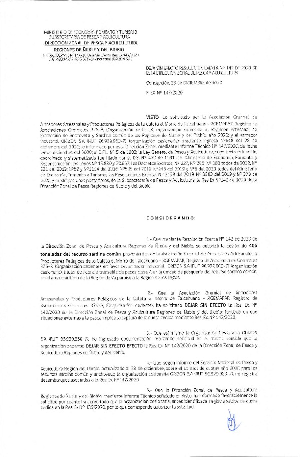 Res. Ex. N° 147-2020 (DZP Ñuble y del Biobío) Deja sin efecto Res. Ex. N° 142-2020 (DZP Ñuble y del Biobío) Autoriza cesión Sardina Común y Anchoveta Región de Ñuble-Biobío (Publicado en Página Web 30-12-2020)