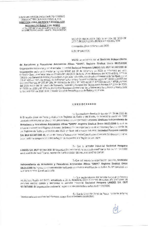 Res. Ex. N° 148-2020 (DZP Ñuble y del Biobío) Modifica Res. Ex. N° 134-2020 (DZP Ñuble y del Biobío) Autoriza cesión Sardina Común Región de Ñuble-Biobío (Publicado en Página Web 30-12-2020)