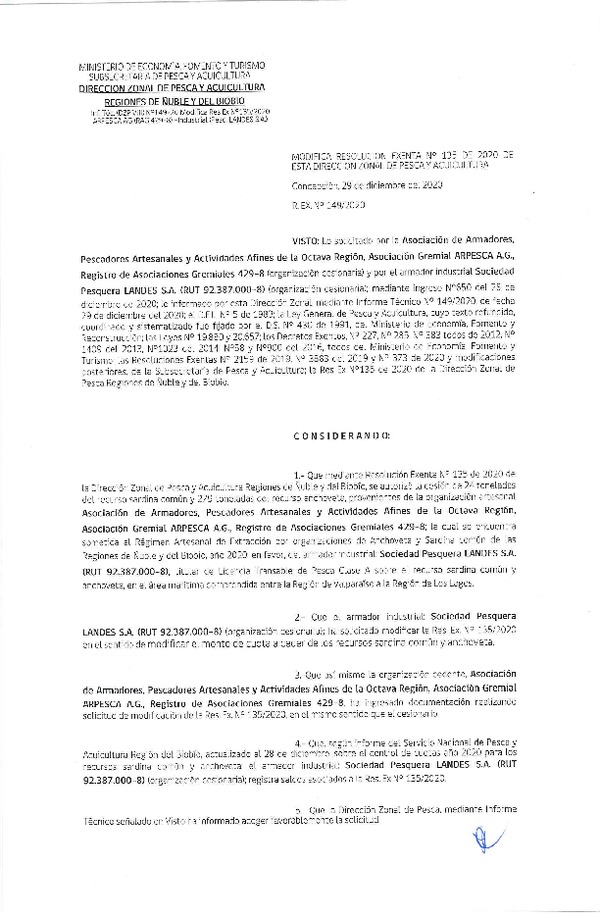 Res. Ex. N° 149-2020 (DZP Ñuble y del Biobío) Modifica Res. Ex. N° 135-2020 (DZP Ñuble y del Biobío) Autoriza cesión Sardina Común Región de Ñuble-Biobío (Publicado en Página Web 30-12-2020)