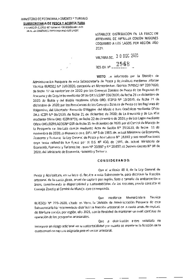 Res. Ex. N° 2968-2020 Establece Distribución de la Fracción Artesanal de Merluza Común Regiones Coquimbo a Los Lagos, por Región, Año 2021. (Publicado en Página Web 30-12-2020)