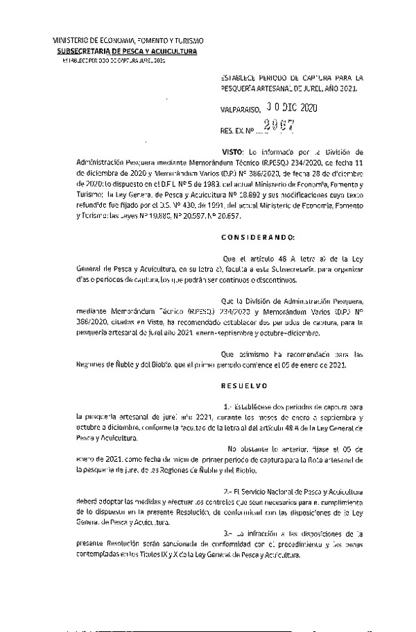 Res. Ex. N° 2967-2020 Establece Periodo de Captura para la Pesquería Artesanal de Jurel, Año 2021. (Publicado en Página Web 30-12-2020)