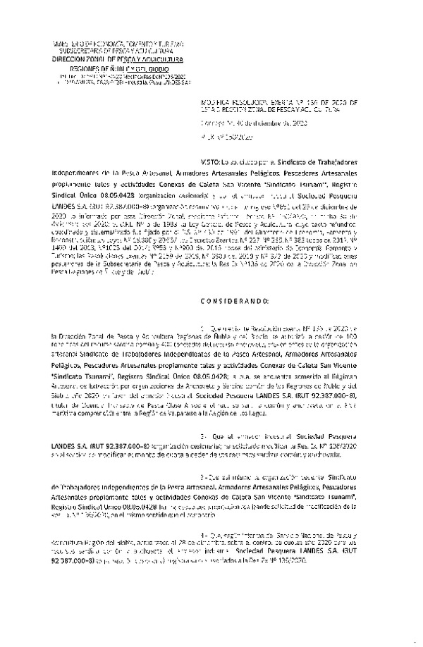 Res. Ex. N° 150-2020 (DZP Ñuble y del Biobío) Modifica Res. Ex. N° 136-2020 (DZP Ñuble y del Biobío) Autoriza cesión Sardina Común Región de Ñuble-Biobío (Publicado en Página Web 30-12-2020)