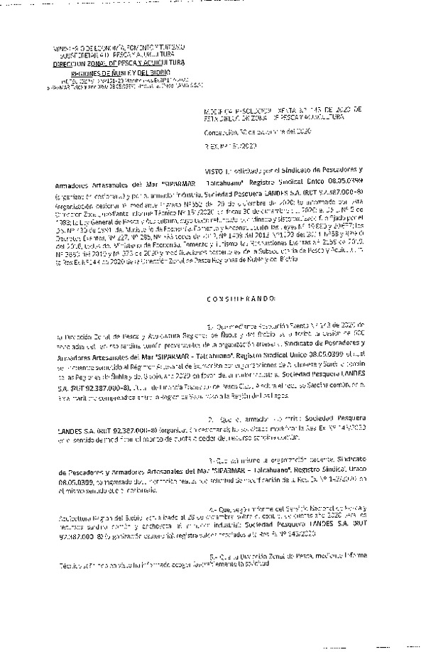 Res. Ex. N° 151-2020 (DZP Ñuble y del Biobío) Modifica Res. Ex. N° 143-2020 (DZP Ñuble y del Biobío) Autoriza cesión Sardina Común Región de Ñuble-Biobío (Publicado en Página Web 30-12-2020)