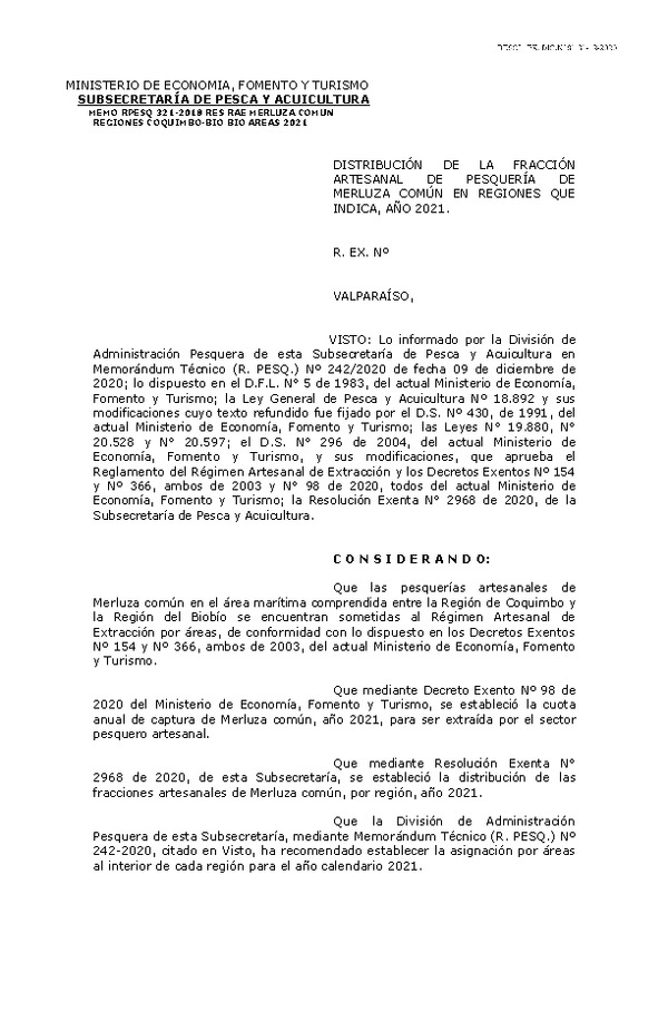 Res. Ex. DIG N° 61-2020 Distribución de la Fracción Artesanal de Pesquería de Merluza Común, Por Organización Regiones de Coquimbo al Biobío, Año 2021. (Publicado en Página Web 31-12-2020)